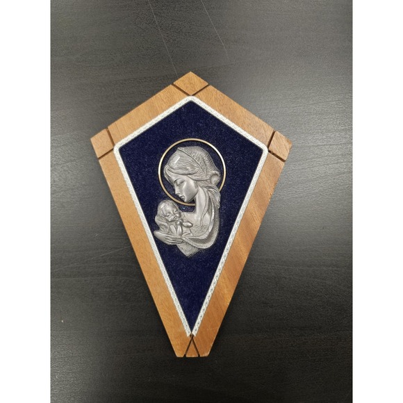 Other - Madonna Child Wood Metal Wall Plaque Blue Velvet Shield Shape Christian Art